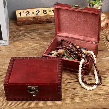 Ретро-антикварный деревянный ящик для хранения с крышкой, шкатулка для драгоценностей, Прямоугольная Шкатулка для сережек, футляр для украшений, настольная деревянная коробка, Подарочная коробка