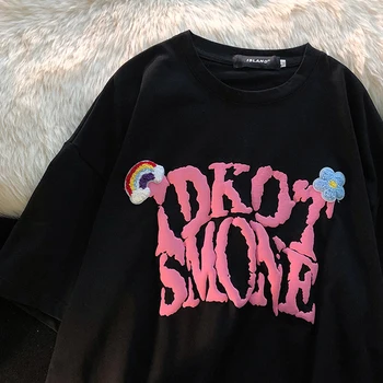 Хлопковые футболки со стереограммой и буквенным принтом, женские летние футболки с вышивкой в виде цветов и радуги, Корейские модные футболки, топ Y2K
