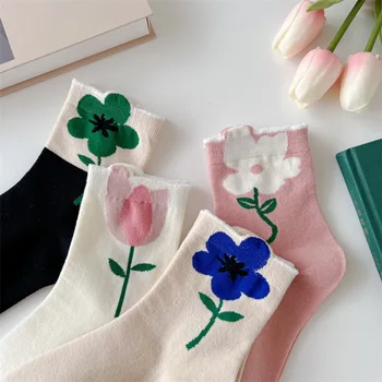 Новые женские носки в японском корейском стиле ярких цветов, дышащие Повседневные Короткие хлопчатобумажные Носки Harajuku Kawaii средней длины