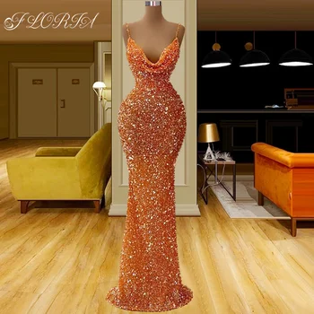 Коктейльное платье с блестящими бретельками-спагетти, оранжевые вечерние платья Русалки с бисером для женщин 2022, женское вечернее платье.