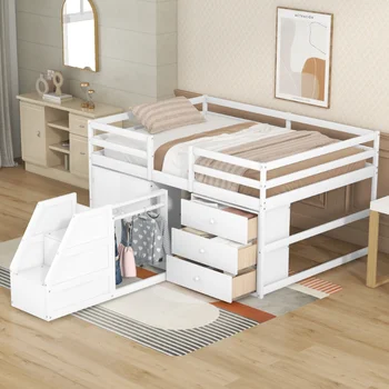Функциональная кровать-чердак всех размеров со шкафами и выдвижными ящиками \ Вешалка для одежды в задней части лестницы \ Белый Белый