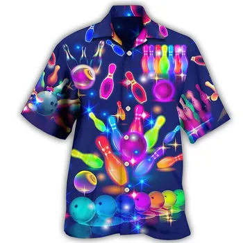 Летняя пляжная блузка с коротким рукавом 3D принт Красочные рубашки для боулинга Мужские Женские Гавайские рубашки Мужская рубашка с отворотом оверсайз