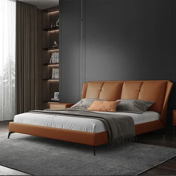 Кровать из натуральной кожи, главная спальня, двуспальная кровать размера king-size, 1,8 метра, Итальянский модерн, минималистичный шкаф для хранения вещей, свадебная кровать, Скандинавский стиль