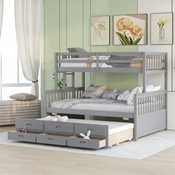 Двухъярусная кровать с двумя односпальными кроватями, раздельная двухъярусная кровать с выдвижными ящиками для спальни - Серый