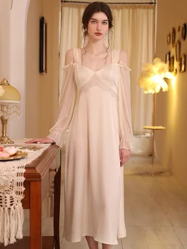 Женская французская весенне-летняя шелковая ночная рубашка с открытыми плечами, сетчатая пижама с длинным рукавом, Сказочная романтическая сексуальная пижама, домашняя одежда