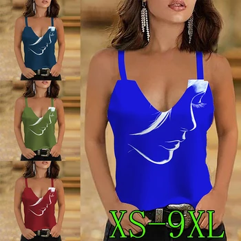 Летний стрейчевый сексуальный жилет с принтом, модная футболка для женщин, V-образный вырез, новый сексуальный жилет для женщин XS-9XL