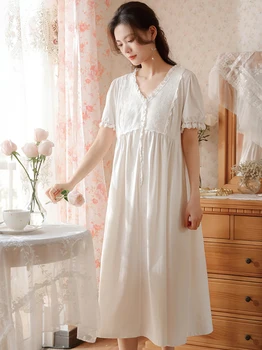 Женская летняя ночная рубашка принцессы в викторианском стиле из хлопка с коротким рукавом и V-образным вырезом, ретро-платье Феи Лолиты, Пижама, Романтическая пижама