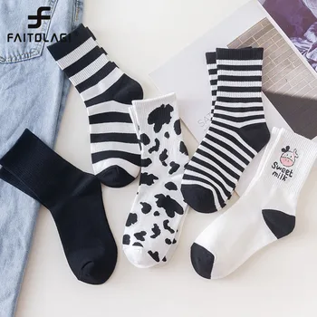 5 пар женских хлопчатобумажных носков с коровьим принтом, черно-белые носки в полоску на щиколотке, забавные короткие носки в стиле харадзюку с мультяшными животными, Весна-лето