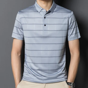 Мужские рубашки поло в клетку из шелка тутового шелкопряда MINGLU, роскошные летние элегантные повседневные тонкие мужские футболки для гольфа 3XL