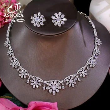 ASNORA Элегантное Цветочное ожерелье из 2 предметов, белый CZ, набор бижутерии для свадебной вечеринки для женщин, Бижутерия
