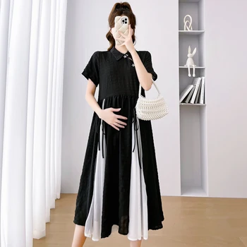 Черное Белое платье в стиле пэчворк для беременных, летнее винтажное платье с коротким рукавом и отложным воротником для беременных, свободная одежда для беременных