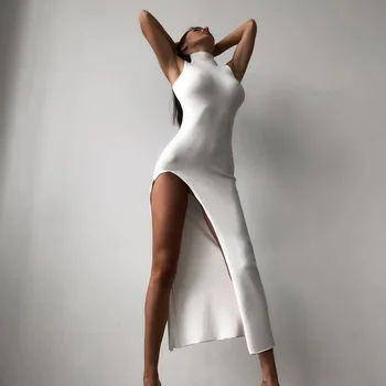 MCDV Для женщин в европейском и американском стиле 2023, новая модная юбка МИДИ с круглым вырезом без рукавов и тонким разрезом