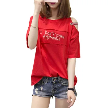 Летние женские топы, футболки, Повседневная футболка с принтом до половины рукава, с открытыми плечами, хлопковая футболка 2023 года, женская красно-белая одежда