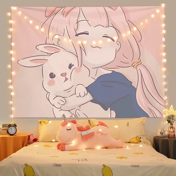 Cute Room Decor Anime Tapestry Wall Hanging Kawaii Bedroom Decoration Blanket Rabbit Girl Tapiz タペストリー гобелен декор на стену