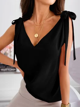 Женские Лоскутные топы с черным бантом и открытой спиной, Элегантная женская Летняя уличная одежда, однотонная блузка с V-образным вырезом, Свободный повседневный пуловер, Базовая одежда