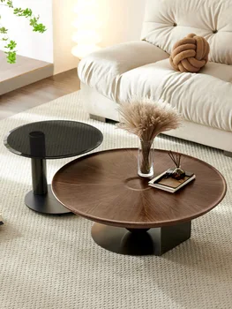 Итальянский круглый журнальный столик, массив дерева, элитная гостиная, легкая роскошь, современный минималистский дизайн, креативный небольшой кофейный столик
