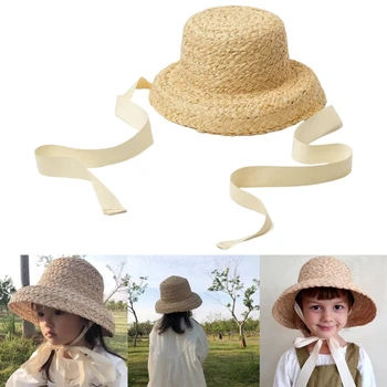 Соломенная шляпа для девочек, защитная плоская шляпа с ремешком на шнуровке, дышащая кепка с широкими полями, панама для маленьких девочек
