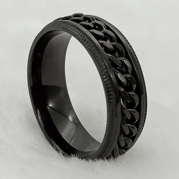 Крутые черные кольца с вращающимся звеном цепи из нержавеющей стали для мужчин и женщин Модные украшения для снятия стресса с пальцев