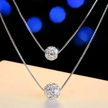 Двухслойное ожерелье из стерлингового серебра 925 пробы с блестящим кристаллом циркония, Счастливый шар из горного хрусталя, подвеска для женщин, подарочное ожерелье для праты
