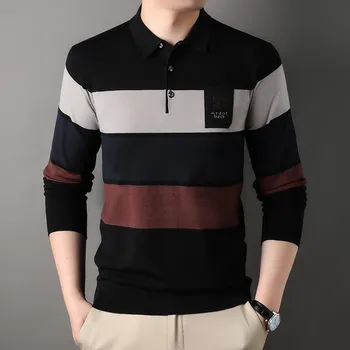 Модная брендовая мужская рубашка поло в полоску, осенне-зимняя одежда, повседневная рубашка поло в корейском стиле высшего качества в корейском стиле для мужчин