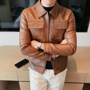 Новый тренд мужской осенней одежды из искусственной кожи, Красивое Свободное пальто в корейском стиле с одной грудью 2023, Однотонная одежда для мужчин A19