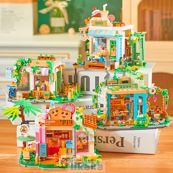 Строительные блоки цветочного магазина Мини-кубики Creative Town со светлыми кирпичиками для пекарни, игрушки для детей, подарок на день рождения, игрушки своими руками