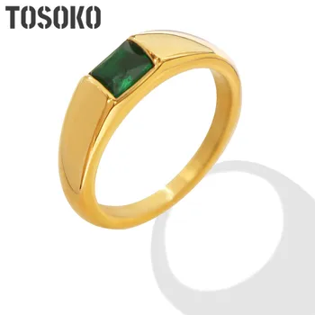 Ювелирные изделия из нержавеющей стали TOSOKO с инкрустацией Зеленым цирконом Квадратное кольцо Женское простое модное кольцо BSA323