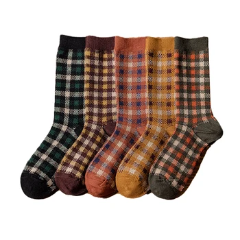 1 пара женских носков, Весна-осень, хлопчатобумажные носки в стиле ретро, женские Мужские носки в клетку, Зелено-оранжевые Красочные носки