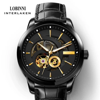 Мужские часы LOBINNI Luxury Skeleton Аналоговые Автоматические Механические часы Кожаный ремешок Наручные часы с турбийоном Водонепроницаемые часы