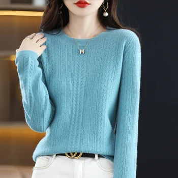Женский свитер из 100% чистой шерсти, Весенне-осенний новый вязаный пуловер с круглым вырезом и длинным рукавом, женский мягкий тонкий корейский женский топ