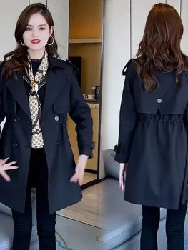 Пальто женское двубортное в корейском стиле Элегантное модное офисное женское классическое с длинным рукавом и лацканами, универсальная повседневная одежда