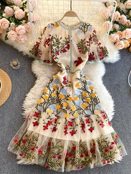 2023 Элегантное Женское Сетчатое Кружевное платье Русалки с вышитым цветком, Многоцветное, с коротким рукавом-бабочкой и оборками, Harajuku Summer Vestidos