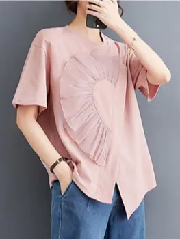 2023 Новая однотонная футболка с коротким рукавом и нерегулярным разрезом, женская летняя мода с объемными цветами, винтажный топ в стиле пэчворк с круглым вырезом