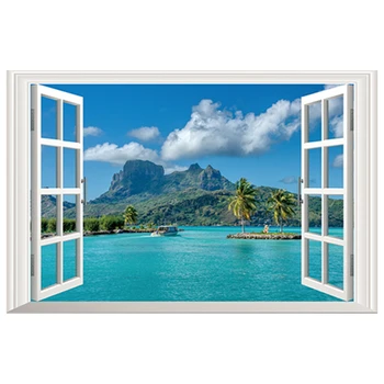 Настенная роспись с видом на море, Пальмы, искусственное 3D окно, виниловые наклейки на стены, Украшение дома, Зеленые горы, Голубые воды, обои 60 *40 см