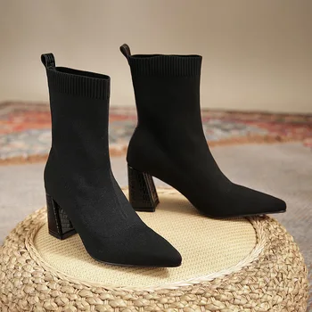 35-42, большие размеры, сапоги с носком, женская зимняя обувь на высоком каблуке, вязаный ботильон с острым носком, женская эластичная пряжа, botas