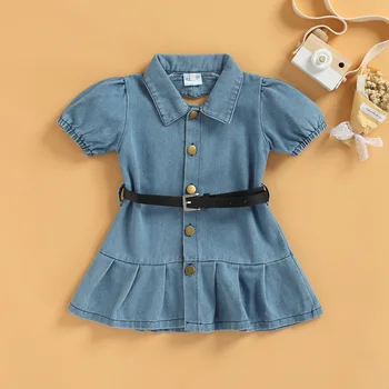 FOCUSNORM/ летнее платье принцессы для маленьких девочек от 1 до 6 лет с поясом, синие джинсовые однобортные платья трапециевидной формы с отложным воротником