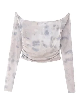Willshela Женские модные плиссированные укороченные рубашки с принтом из тюля, винтажные рубашки с длинными рукавами и вырезом лодочкой, шикарные женские блузки, топы