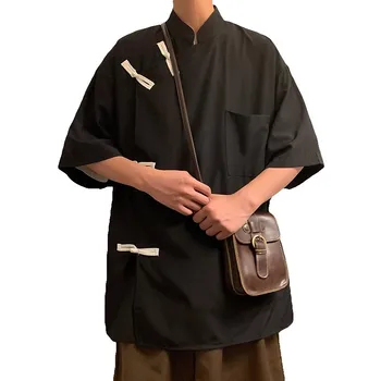 Японская мужская рубашка из ледяного шелка с короткими рукавами, Китайские повседневные топы с круглой пластинчатой пряжкой, новая модная одежда
