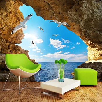 Пользовательские Фотообои Обои 3D Морской остров Пещера Голубое Небо Белые облака Чайки Большие Фрески Обои Декор гостиной Спальни