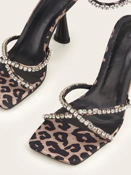 Сандалии для Женщин, Лето 2022, Обувь С Открытым Носком, Женская Обувь С Пряжкой На Высоком Каблуке, Пикантная Леопардовая Модная Обувь Со Стразами, Sandalias Mujer